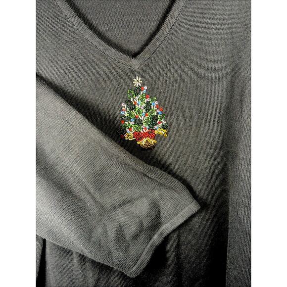 Vintage Y2K Sequined Embroidered Christmas Tree Sweater CJ Banks Black 3XL - Picture 2 of 10